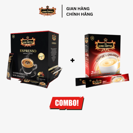 Combo 1 Hộp Cà Phê Đen Hòa Tan Espresso KING COFFEE - Hộp 100 gói x 2.5g + 1 Hộp Cà Phê Hòa Tan 2IN1 Cà phê và bột kem không sữa KING COFFEE - Hộp 15 gói x 10g