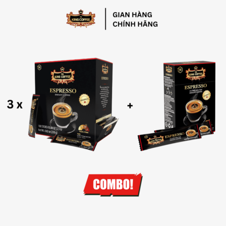 Combo 3 Cà Phê Đen Hòa Tan Espresso KING COFFEE - Hộp 100 gói x 2.5g + tặng 1 Cà Phê Đen Hòa Tan Espresso KING COFFEE - Hộp 15 gói x 2.5g
