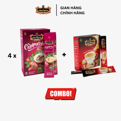 Combo 4 Cà Phê Hòa Tan Cappuccino KING COFFEE - Hộp 12 gói x 20g + Hộp Cà Phê Sữa Plus Hòa Tan 3IN1 KING COFFEE - Hộp 10 gói x 20g